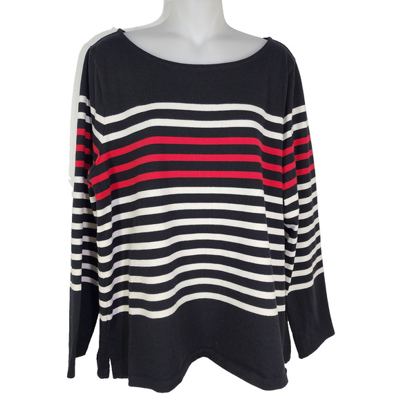 Talbots Tee Womens Size XL Black Red Striped 100% Cotton Long Sleeve Knit Round - Picture 1 of 8